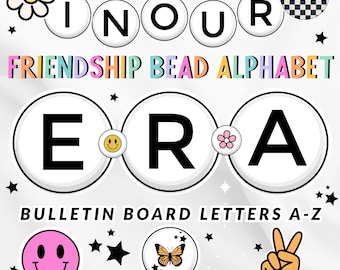 Letras para tablón de anuncios / Decoración para puertas / Alfabeto de cuentas de la amistad de la A a la Z / Decoración retro para el aula / Letras editables para el aula / Conjunto PNG imprimible