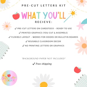 K&ouml;nnte beinhalten: Werbebild f&uuml;r ein vorgeschnittenes Buchstaben-Set. Der Text "WHAT YOU'LL RECIEVE:" ist in leuchtenden Farben dargestellt. Das Bild zeigt vorgeschnittene Buchstaben, gedruckte Grafiken, flexibles Layout und wiederverwendbare Dekoration.