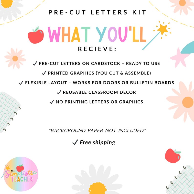 K&ouml;nnte beinhalten: Werbebild f&uuml;r ein vorgeschnittenes Buchstaben-Set. Der Text "WHAT YOU'LL RECIEVE:" ist in leuchtenden Farben dargestellt. Das Bild zeigt vorgeschnittene Buchstaben, gedruckte Grafiken, flexibles Layout und wiederverwendbare Dekoration.