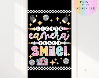 Tablero de anuncios / Decoración de puerta / Luces, cámara, enseñanza, sonrisa / Decoración retro para el aula / Imprimible para profesores / Kit de tablero de anuncios para armar tú mismo