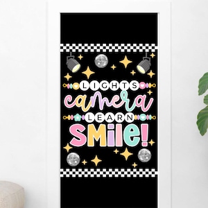 Boho Groovy Lights Camera Learn Classroom Door Decor Printable Retro Pastel Theme (DIY)