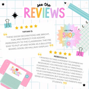 May include: A vibrant graphic featuring the words "see the REVIEWS" in bold, multi-coloured letters. The image includes customer testimonials, star ratings, and the phrase "FOLLOW SHOP for more!" in a starburst design. The background has a grid pattern.