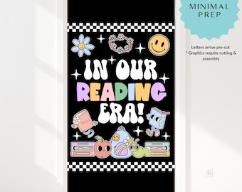 In Our Reading Era Bulletin Board | Retro Reading Classroom Decor | Pre-Cut Classroom Door Decor | Groovy Library Display