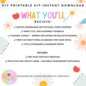 May include: A digital download advertisement with the text "WHAT YOU'LL RECIEVE:" and bullet points detailing the product's features. Includes PDF and PNG files for easy printing and use with Cricut. The design features floral and star illustrations.