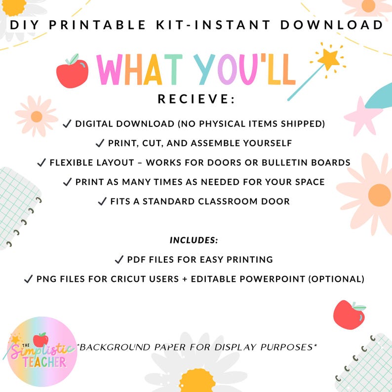 May include: A digital download advertisement with the text "WHAT YOU'LL RECIEVE:" and bullet points detailing the product's features. Includes PDF and PNG files for easy printing and use with Cricut. The design features floral and star illustrations.