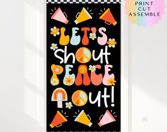 Decoración retro para el aula con el mensaje "Paz y Libertad" / Tablón de anuncios de fin de curso con estilo / Decoración hippie para la puerta / Exhibición de verano
