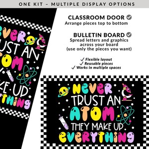K&ouml;nnte beinhalten: Ein schwarz-wei&szlig;es Klassenzimmer-Dekorationsset zum Thema Wissenschaft. Das Design zeigt den Satz "Never Trust an Atom, They Make Up Everything" in bunten Buchstaben sowie Atom- und Mikroskopgrafiken. Das Set enth&auml;lt Optionen f&uuml;r Klassenzimmert&uuml;ren und Pinnw&auml;nde.