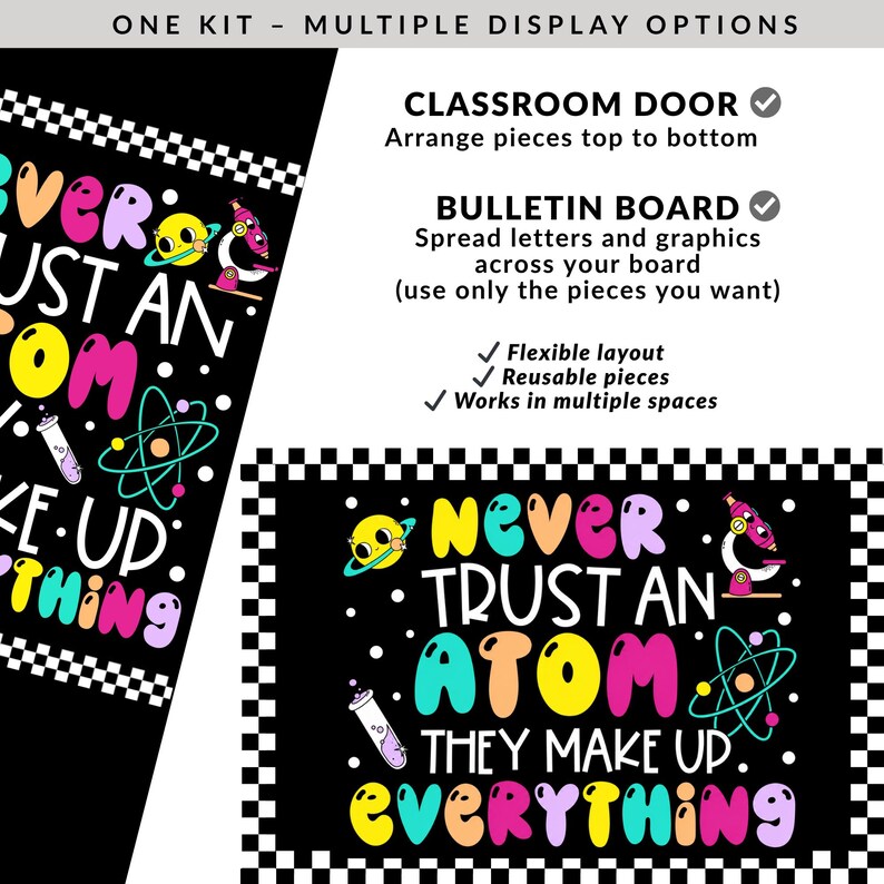 K&ouml;nnte beinhalten: Ein schwarz-wei&szlig;es Klassenzimmer-Dekorationsset zum Thema Wissenschaft. Das Design zeigt den Satz "Never Trust an Atom, They Make Up Everything" in bunten Buchstaben sowie Atom- und Mikroskopgrafiken. Das Set enth&auml;lt Optionen f&uuml;r Klassenzimmert&uuml;ren und Pinnw&auml;nde.