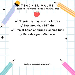 K&ouml;nnte beinhalten: Hellblauer Hintergrund mit Gittermuster und farbigen Bleistiften in jeder Ecke. Der Text lautet "TEACHER VALUE" und "Designed to be time saving & minimal prep." Zus&auml;tzlicher Text hebt Funktionen wie kein Drucken hervor.