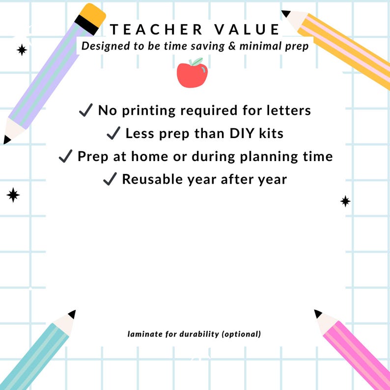 K&ouml;nnte beinhalten: Hellblauer Hintergrund mit Gittermuster und farbigen Bleistiften in jeder Ecke. Der Text lautet "TEACHER VALUE" und "Designed to be time saving & minimal prep." Zus&auml;tzlicher Text hebt Funktionen wie kein Drucken hervor.