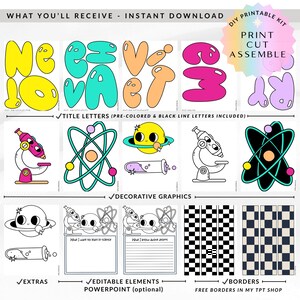 May include: A digital download with colourful title letters, science-themed graphics, editable elements, and borders. The design includes the words "Ne ez v et 3" in bubble letters, along with illustrations of a microscope, atom, and planet.