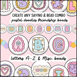Pulseras de la amistad con cuentas y letras del alfabeto - A-Z - Tablón de anuncios con letras y cuentas - Letras PNG de moda para la decoración del aula - Amistad digital