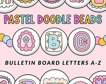 Alfabeto de cuentas de amistad en tonos pastel PNG / Letras para tablón de anuncios A-Z / Imágenes prediseñadas de cuentas estilo doodle / Decoración retro para el aula
