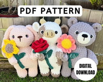 Crochet Flower Animal Pattern Bundle | Crochet Flower Pattern Bundle | Crochet Animal Bundle | Crochet Cow Bear Bunny Pattern