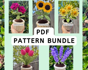 Crochet Potted Flower Pattern | Crochet Flower Bundle | Crochet Lavender | Crochet Daisy | Crochet Sunflower | Crochet Rose | Crochet Tulip