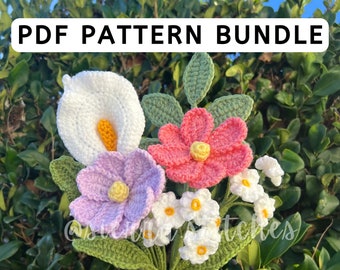 Crochet Flower Pattern | Crochet Flower Pattern Bundle | Crochet Calla Lily | Crochet Forget Me Not | Crochet Leaf | Crochet Cosmos