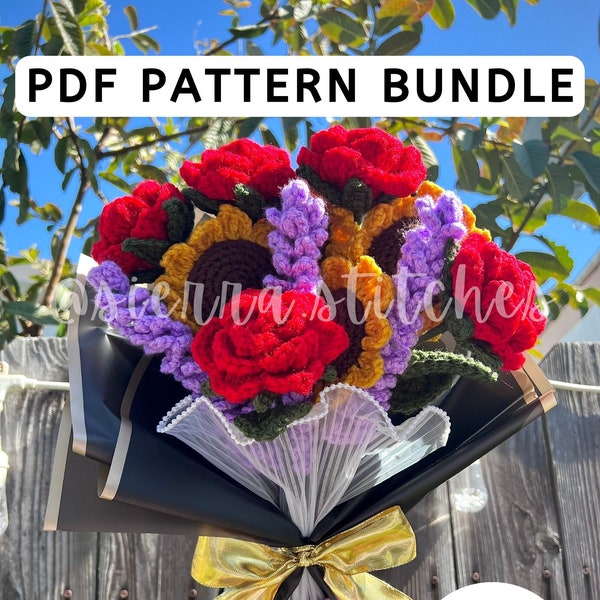 Häkelblumenmuster | Häkelblumenmuster Bundle | Lavendel | Gehäkeltes Gänseblümchen | Gehäkelte Sonnenblume | Häkelrose | Gehäkelte Tulpe