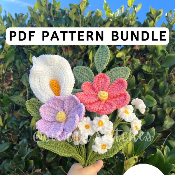 Crochet Flower Pattern | Crochet Flower Pattern Bundle | Crochet Calla Lily | Crochet Forget Me Not | Crochet Leaf | Crochet Cosmos