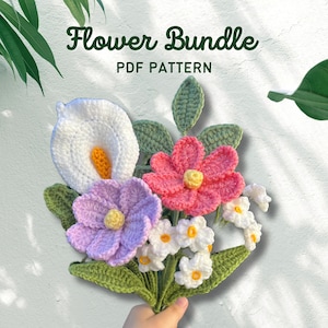 Häkelblumen Muster | Gehäkelte Blumenmuster-Bundle | Gehäkelte Calla Lilie | Gehäkelte Vergissmeinnicht | Häkelblatt | Kosmos gehäkelt