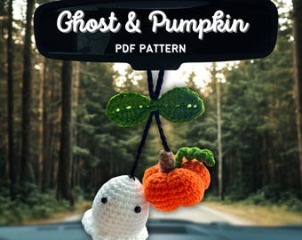 Patrón PDF de colgante de calabaza fantasma para coche de Halloween (tejido a crochet, para principiantes)