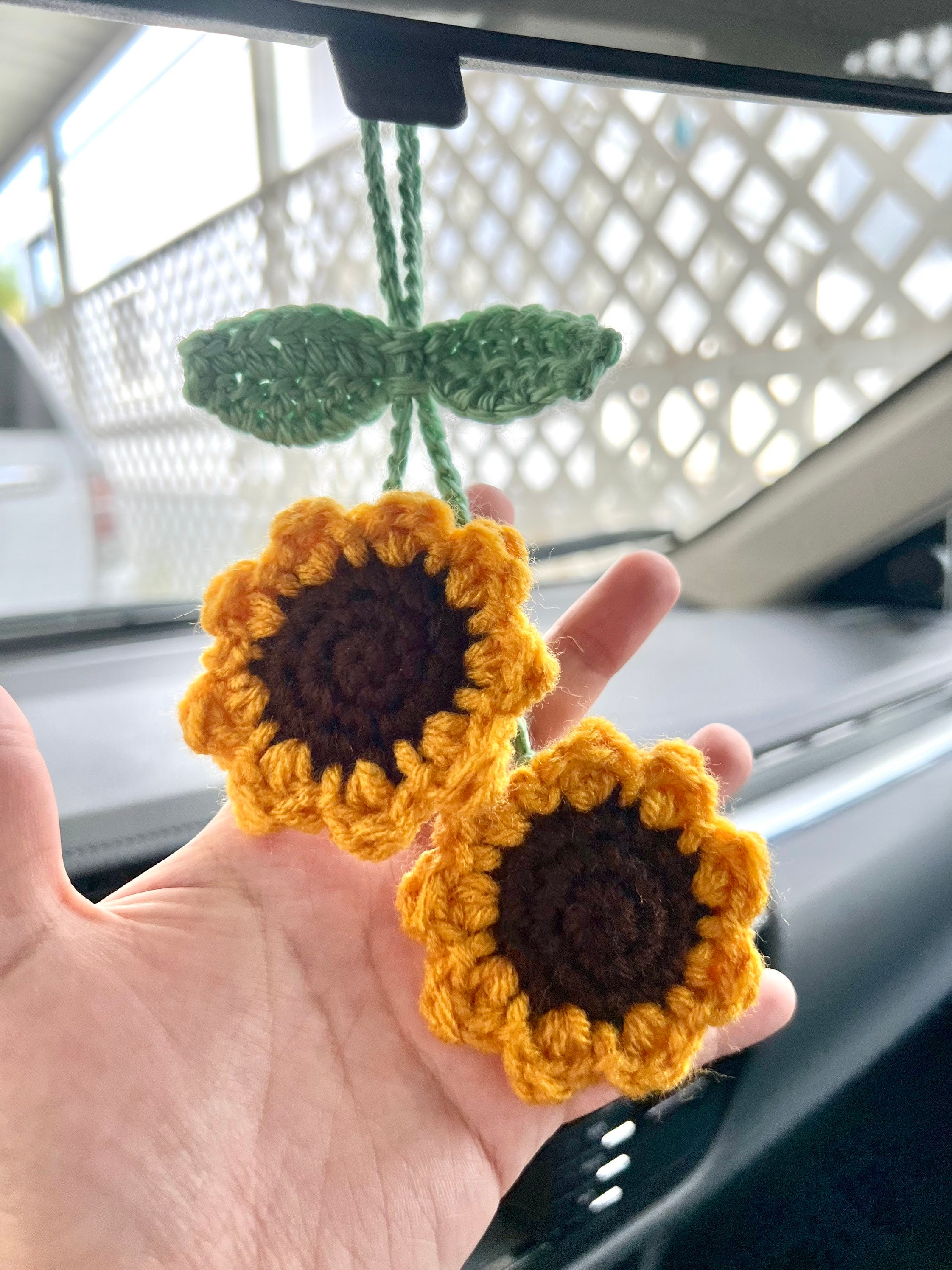Crochet Cute Sunflower Basket Kawaii Car Mirror Hanging Charm