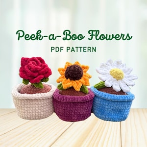 May include: Three crocheted flower pot covers with peek-a-boo flowers. The pots are in shades of beige, purple, and blue. The flowers are a red rose, a yellow sunflower, and a white daisy. The text "Peek-a-Boo Flowers PDF Pattern" is above the pots.