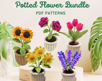 Crochet Potted Flower Pattern: Daisy, Lavender, Rose, Tulip, Sunflower (PDF Pattern)