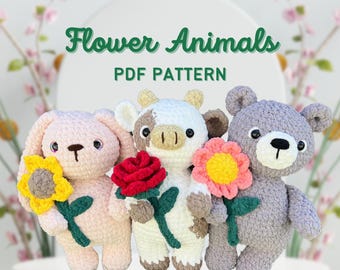 Crochet Flower Animal Pattern Bundle: Cow, Bear, Bunny (PDF Pattern)