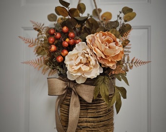 Door Basket Wreath, Rustic Door Basket, Peony And Eucalyptus Door Decor