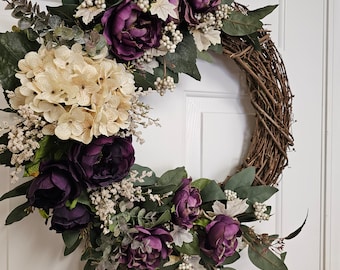 Plum Year-Round Wreath, Purple Wreath, Eucalyptus Leaves,Beige Hydrangea