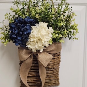 Navy Blue and Cream Colored Hydrangea, Front Door Basket Wreath, Wall Basket, Door Decor