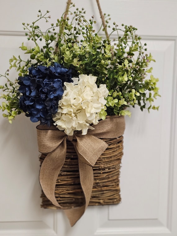 Navy Blue and Cream Hydrangea Door Basket, Farmhouse Front Door Decor, Coastal Wall Wreath with Burlap Bow, Year Round Entryway Accent