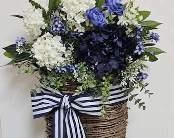 Navy Blue Hydrangea Door Basket, Coastal Farmhouse Front Door Wreath, Blue and White Summer Door Hanger, Rustic Basket Decor