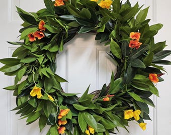 Laurel Leaf Wreath for Front Door, Spring Summer, Eucalyptus, Greenery Wreath with Orange and Yellow Poppies