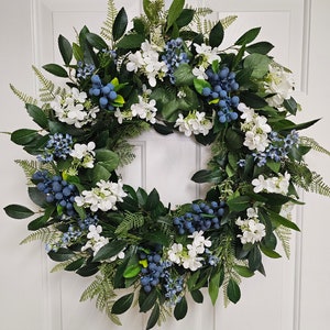 Year-round, Spring or Summer Wreath,Blue Wildflowers,Blueberries, and White Hydrangea Door Decor