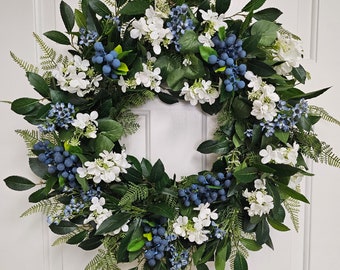 Year-round, Spring or Summer Wreath, Blue Wildflowers, Blueberries, and White Hydrangea Door Decor, Wall Decor