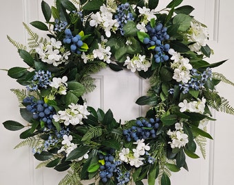 Year-round, Spring or Summer Wreath,Blue Wildflowers,Blueberries, and White Hydrangea Door Decor