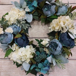 Year-round blue peony and hydrangeas wreath, front door wreath, wall and door decor
