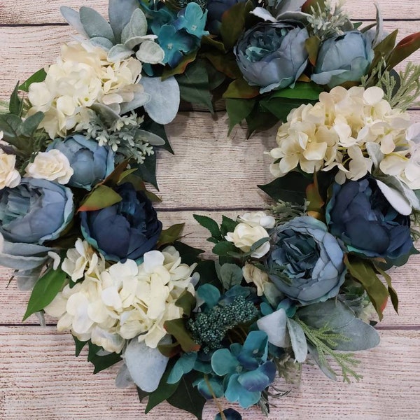 Blue Peony & Cream Colored Hydrangea Wreath, Year-Round Door Decor