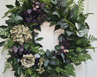 Luxury Plum Rose, Hydrangea and Eucalyptus Wreath, Elegant Indoor Wall Decor Year Round Front Door Wreath, Farmhouse Floral Decor