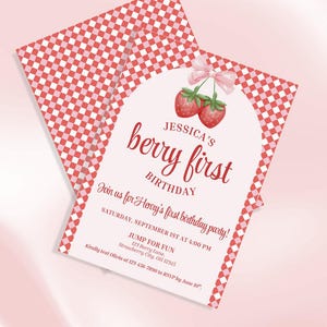 Berry First Birthday Invitation | Strawberry Birthday Party Invite | Editable Canva Template | Printable Digital Download Birthday Invite