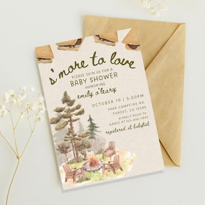 May include: A baby shower invitation with a s'mores theme. The invitation features watercolor illustrations of a campfire, trees, and chairs. The text reads "s'more to love" and includes event details.