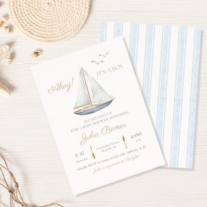 Sailor Baby Shower Invitation: Nautical Ahoy it&#39;s a Boy Theme, Sailboat Editable Canva Template (Digital Download)