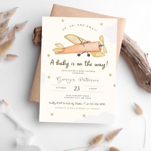 Vintage Airplane Baby Shower Invitation: Up Up and Away, Adventure Awaits, Editable Canva Template (Digital Download)