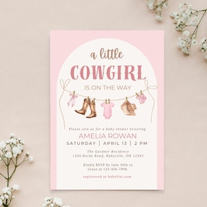 A Little Cowgirl Is On The Way Baby Shower Invitation | Western Baby Shower Invite | Editable Canva Template | Rustic Country Baby Shower