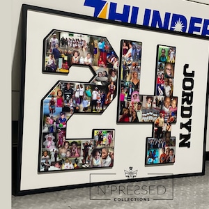 May include: A white framed photo collage of a basketball jersey number 24 with a black background. The number is made up of photos of a family. The name "Jordyn" is written vertically on the right side of the jersey. The bottom of the frame has the text "N'Prezzed Collections".