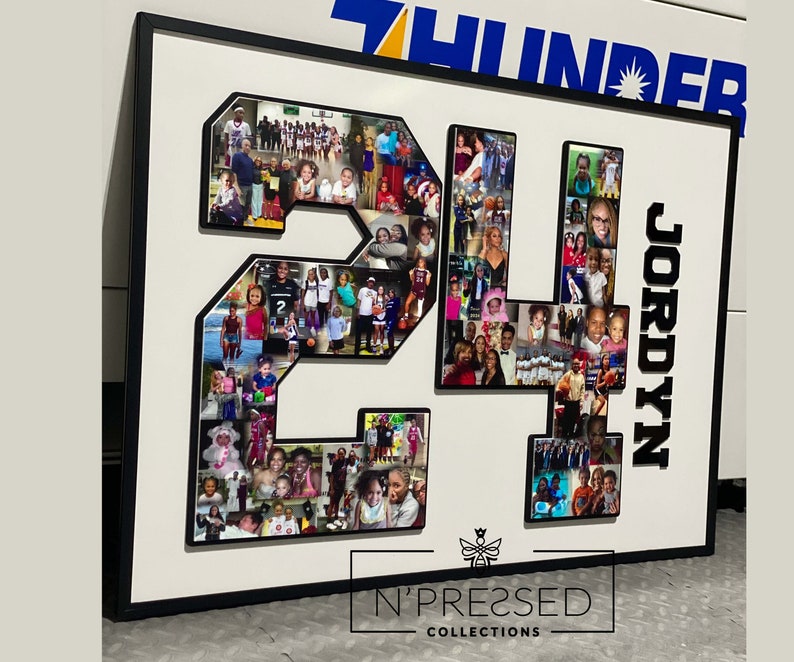 May include: A white framed photo collage of a basketball jersey number 24 with a black background. The number is made up of photos of a family. The name "Jordyn" is written vertically on the right side of the jersey. The bottom of the frame has the text "N'Prezzed Collections".