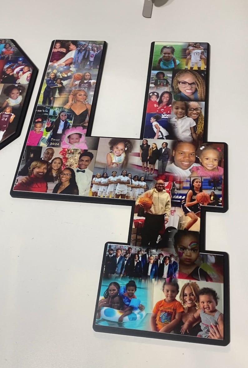 May include: A black framed collage of photos in the shape of the number four. The photos are of a family, including children, adults, and a group of girls playing basketball.