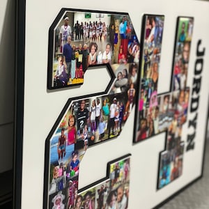 May include: A framed photo collage in the shape of the number 24. The collage is made up of many small photos of people, mostly children. The name "Jordyn" is written in large letters on the right side of the frame.