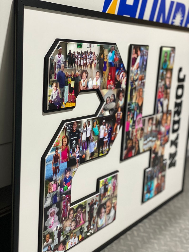 May include: A framed photo collage in the shape of the number 24. The collage is made up of many small photos of people, mostly children. The name "Jordyn" is written in large letters on the right side of the frame.
